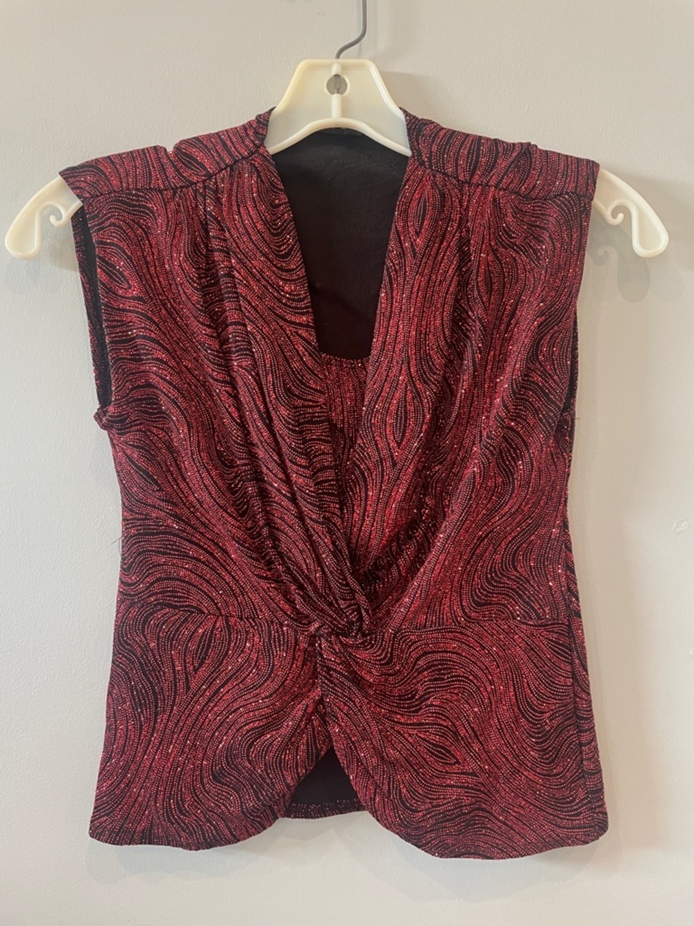 Sleeveless Red Twist-Front Sparkle Top- glam - small like new